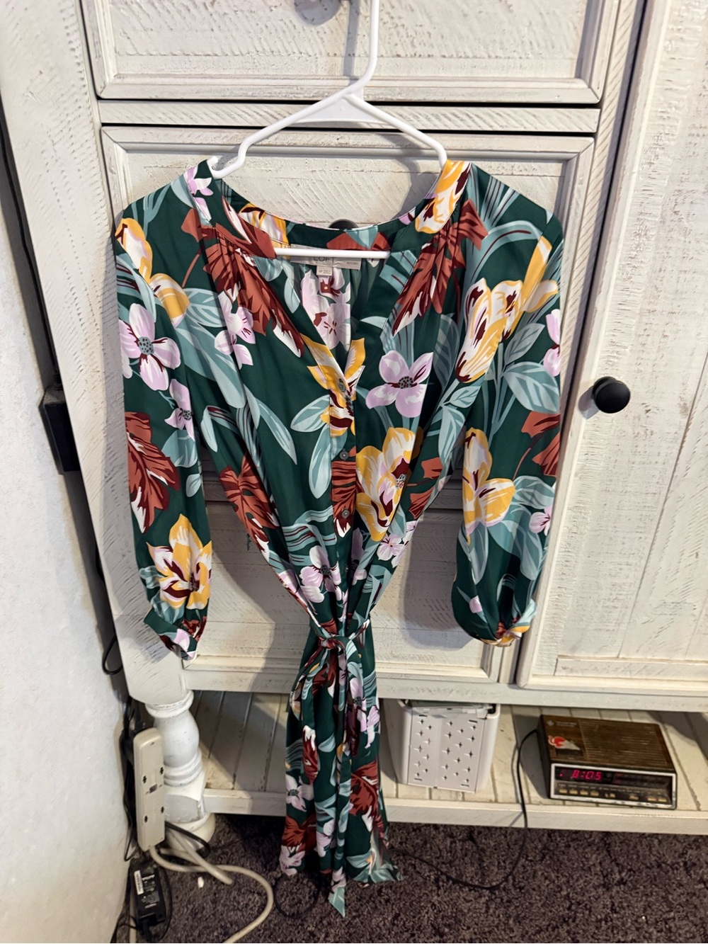 LOFT Green Floral Long Sleeve Tie-Waist Dress
